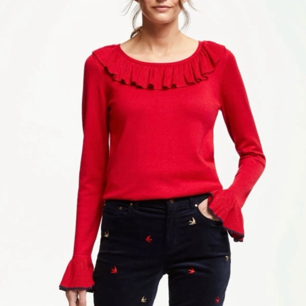 Boden Lavinia Red Sweater Ruffle Collar Neck and Sleeves Thick Knit Size 10